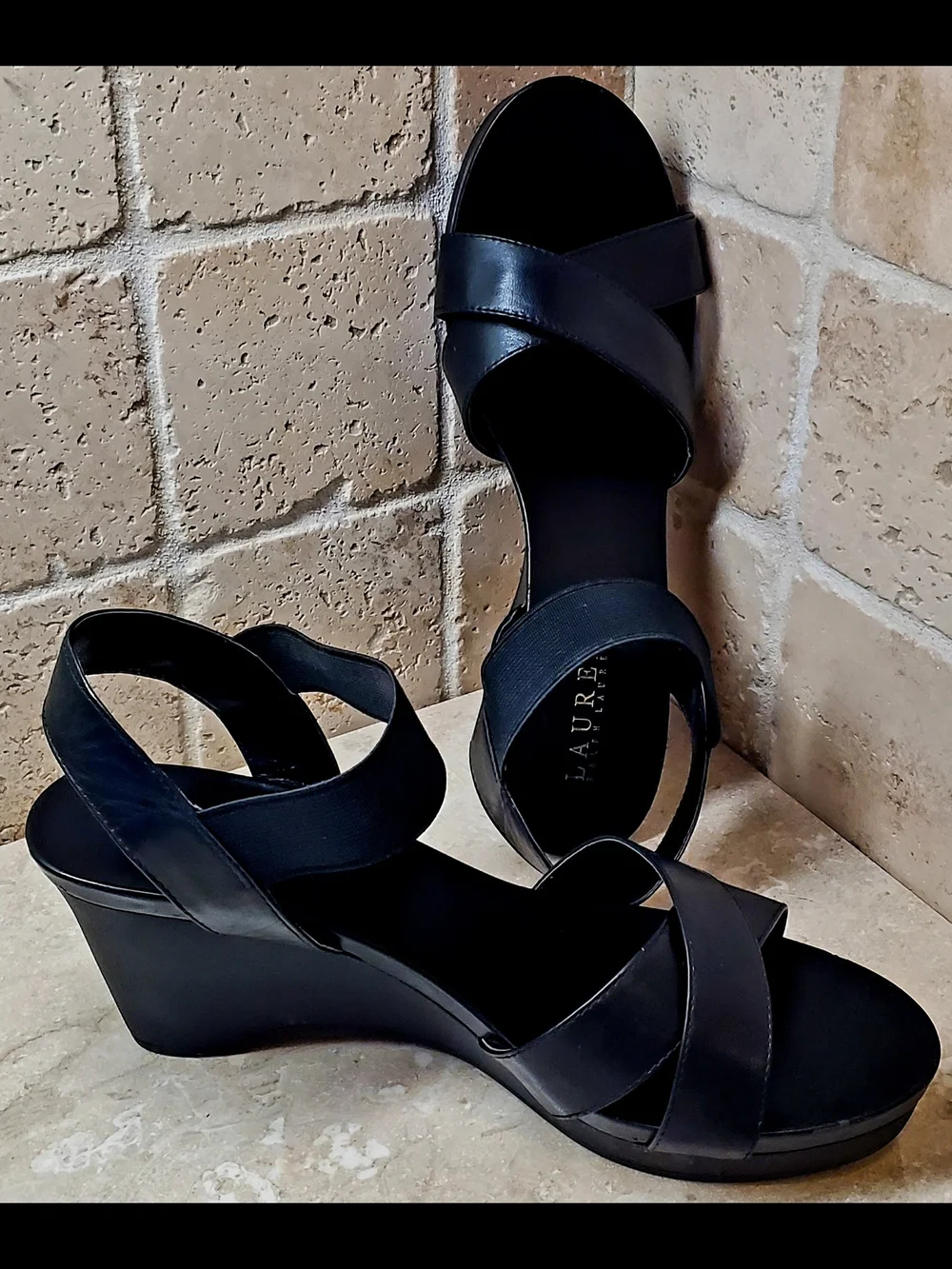 Lauren Ralph Lauren Black Leather Crisscross Wedge Sandals Size 8.5 M